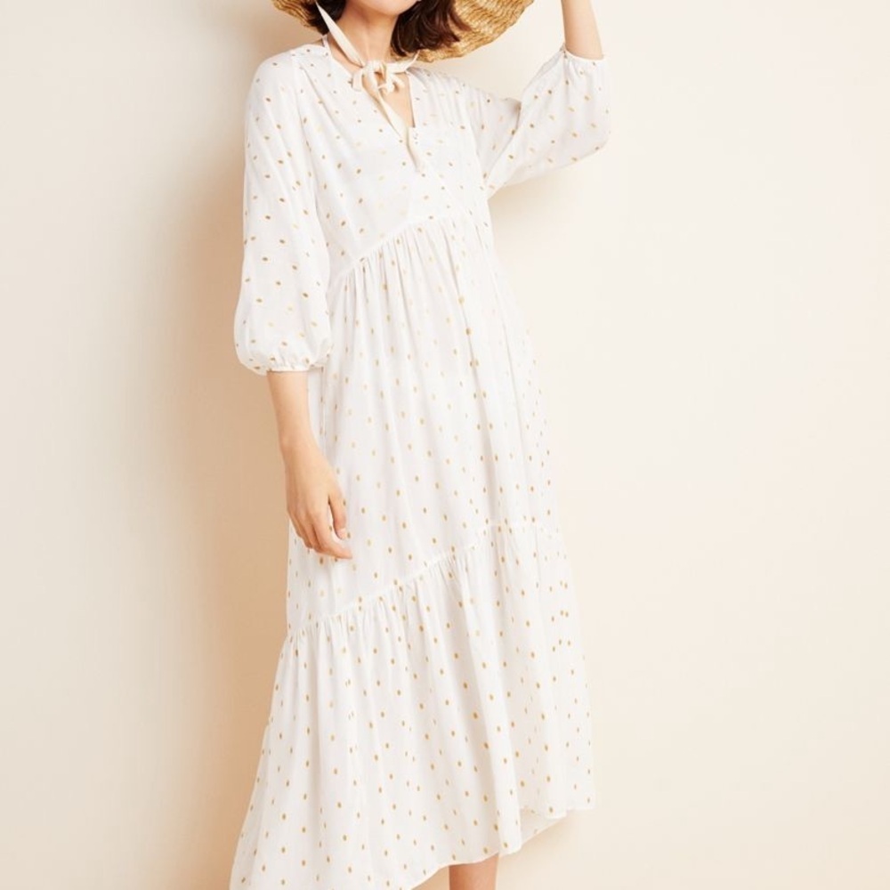 Anthro Augustine Maxi Tiered Semi Sheer Ethereal Beach Cream Gold Dot Dress XS